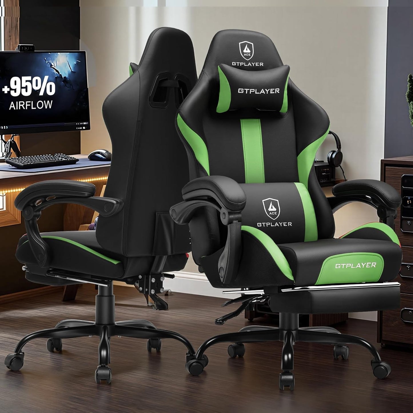 GTRACING Gaming Chair with Foot Rest & Pocket Spring Cushion, Ergonomic High Back Computer Chair with Headrest & 360°-Swivel Seat for Home Office Desk, PU Leather, Vivid Green