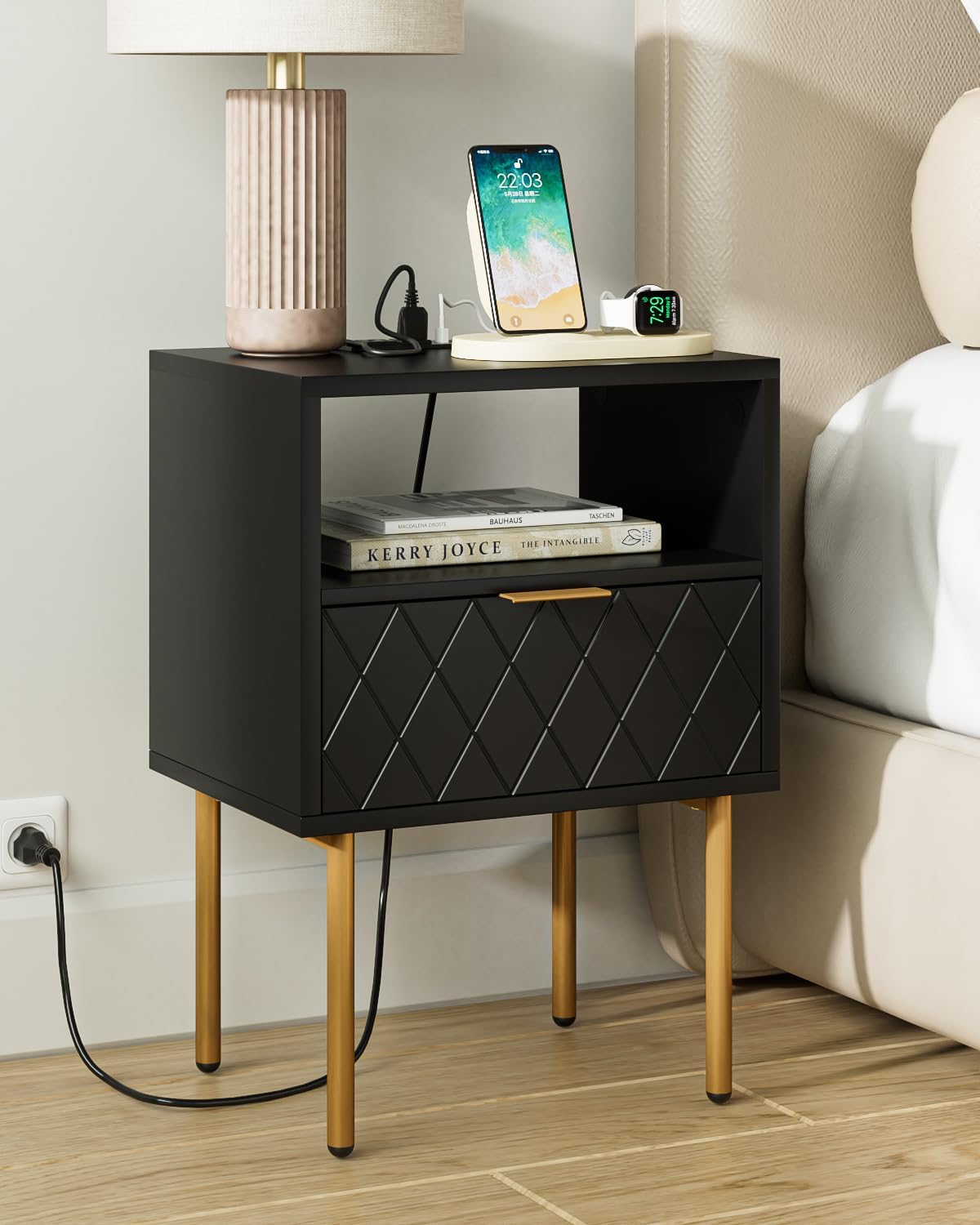 Nightstand,Small Bedside Table with Gold Frame,Morden Night Stand with 2 Drawer,End Table,Side Table with Drawer and Shelf for Bedroom,Living Room (Black-Diamond-Outlet)