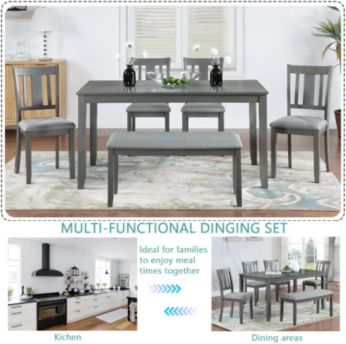 6-Piece Dining Table Set for 4-6 People, Kitchen Set with 4 Upholstered Chairs and One Bench, Living Room Chairs with Slatted Backrest, Rectangular Wooden Table for Home Bar and Kitchen, Gray