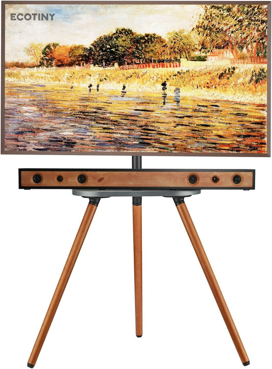 Tripod Easel TV Stand for 43 to 65 Inch LCD LED OLED Screen, Height Adjustable and Swievel TV Stand, Portable Corner TV Floor Stand with Wooden Tray, VESA 400x400mm, Minimalist Black Walnut