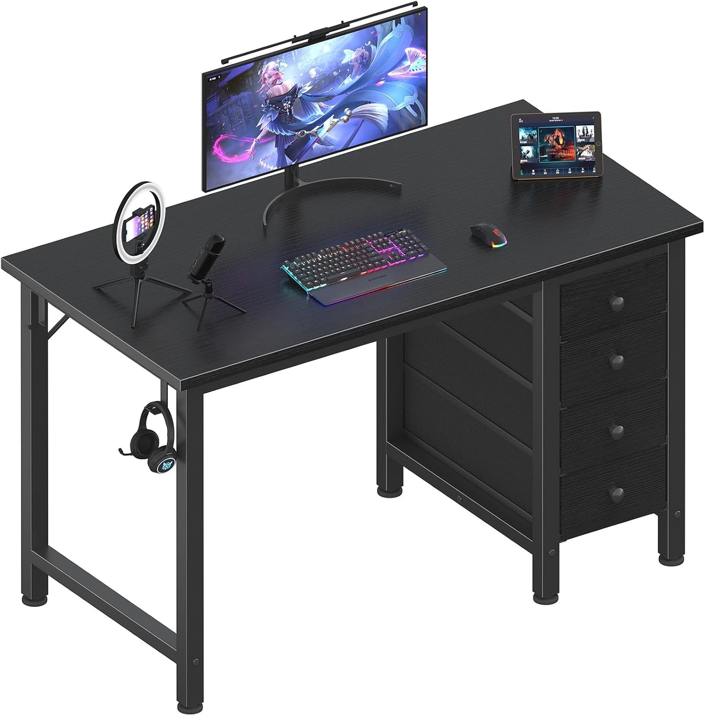Lufeiya Small Gaming Desk with 4 Fabric Drawers, 40 Inch Kids Girls Teen Cute Study Desk for Bedroom, Reversible Work Computer Writing Table Desks for Small Space Home Office, Black