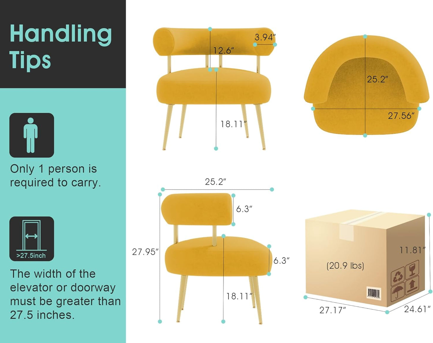 Modern Velvet Accent Chair, Round Upholstered Barrel Armchair for Small Spaces, Fluffy Side Corner Sofa Chair for Living Room, Bedroom(Yellow)