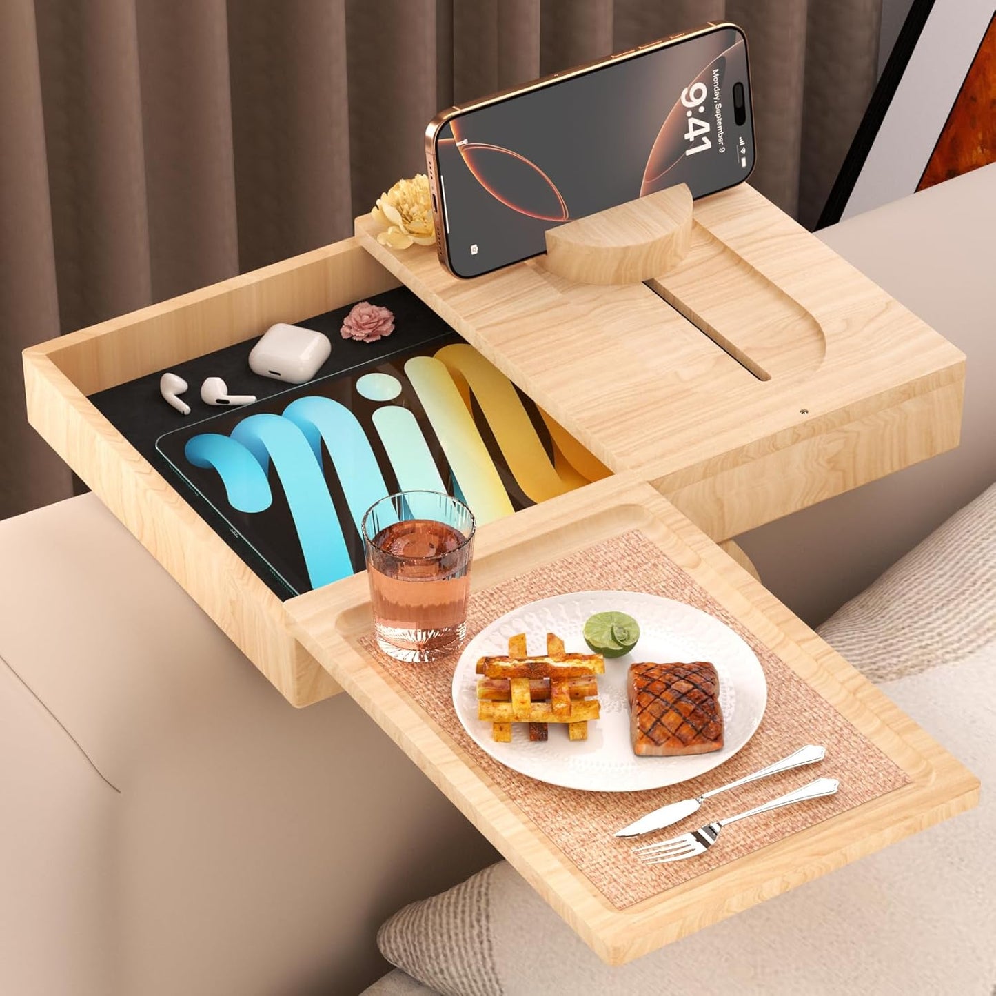 Bamboo Couch Arm Table with 2 Rotating Lids & Adjustable Phone Holder,Foldable Couch Arm Tray,Non-Slip Arm Rest Table Clip for Couch Pillow,Sofa Arm Tray for Snacks,Drinks or Dining