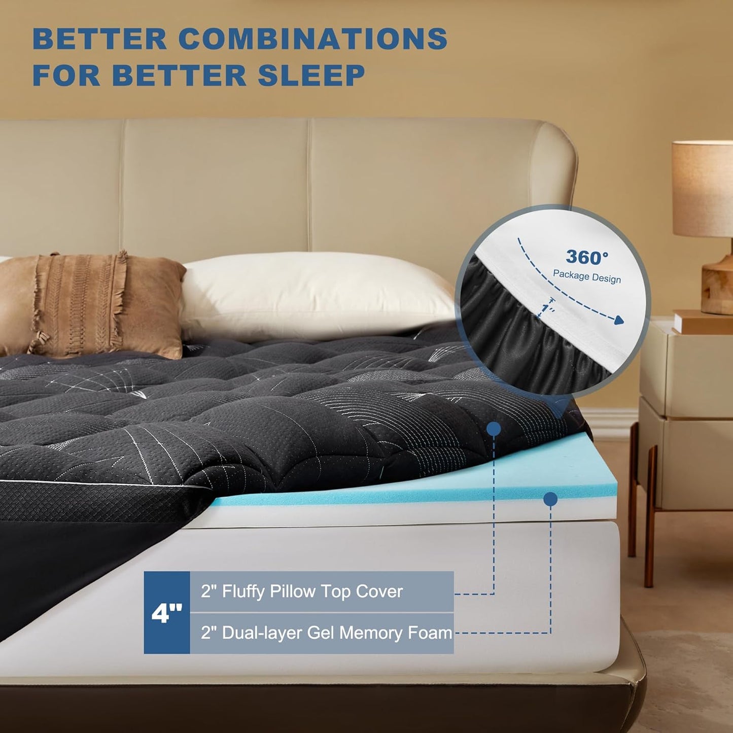 Bedlore 4-Inch King Mattress Topper for Back Pain - Dual Layer Medium Support (2" Gel Memory Foam + 2" Cooling Fluffy Pillow Top Pad), Breathable & Pressure Relief (Gray)