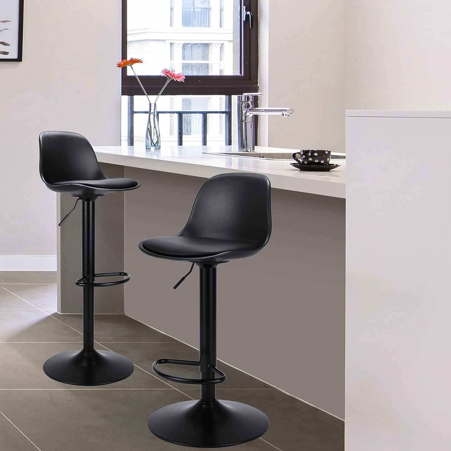 Finnhomy Bar Stools Set of 2, Swivel Barstools with Footrest and Ergonomic PP Back, Counter Height Adjustable Modern Counter Stools for Kitchen, Black