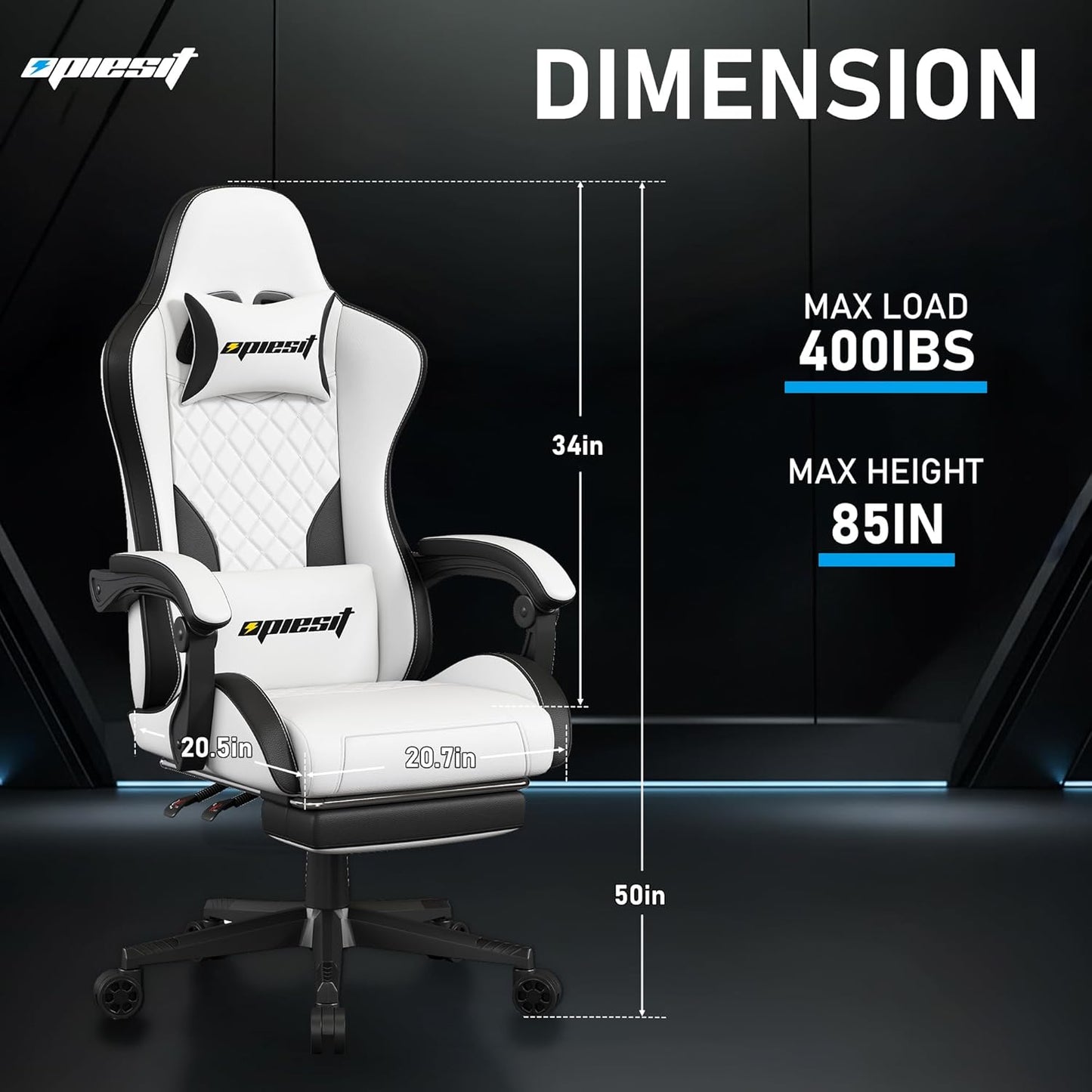 Gaming Chair,Ergonomic Computer Chairs for Adults with Footrest, PU Leather Office Chair with Adjustable Lumbar Support & Pocket Spring Cushion - Heavy Duty 400lb Capacity Gamer Chair (White)