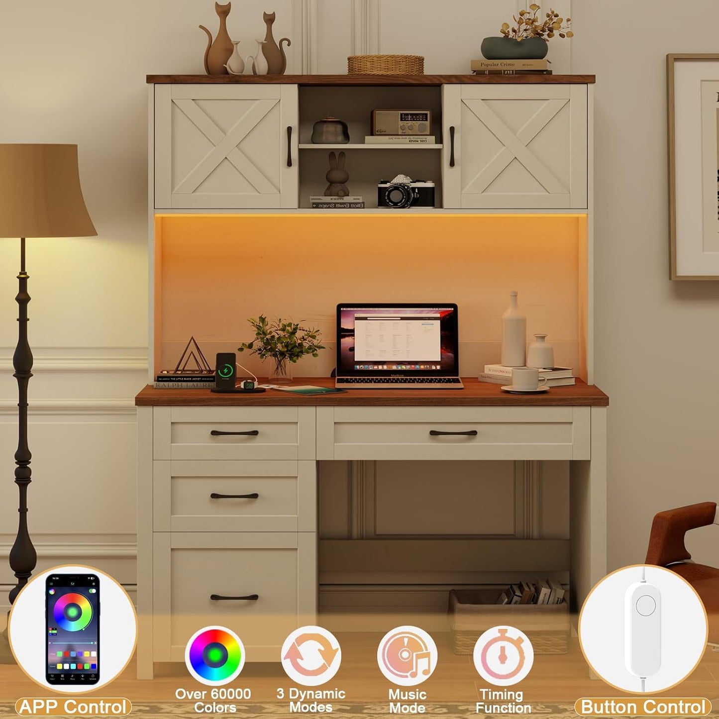 Farmhouse 67" H Executive Desk with Hutch,Office Table with 4 Drawers and LED Light, Computer Desk with Storage Cabinet & File Drawers and Charging Station, Wood Workstation for Home Office and Study