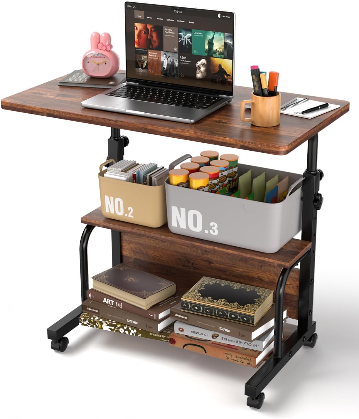 Portable Rolling Desk on Wheels Adjustable Height Desks for Small Spaces, 32" Computer Desk with Storage Shelves for Home Office Rustic
