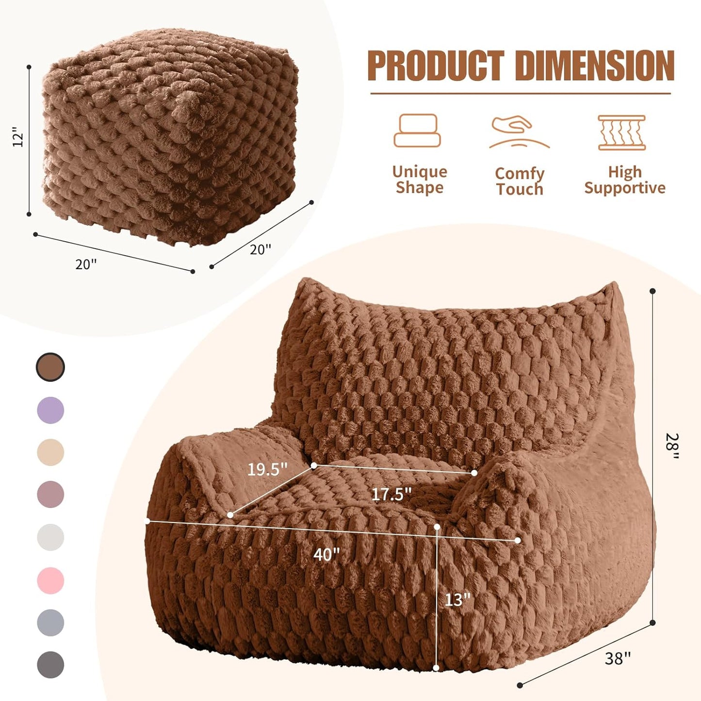 Bean Bag Chair with Ottoman - Modern Comfy Beanbag Sofa with Footrest, Soft Faux Fur Lounger Chair for Adults Teens, Cozy Memory Foam Filled Gaming Reading Chairs for Bedroom, Living Room (Brown)