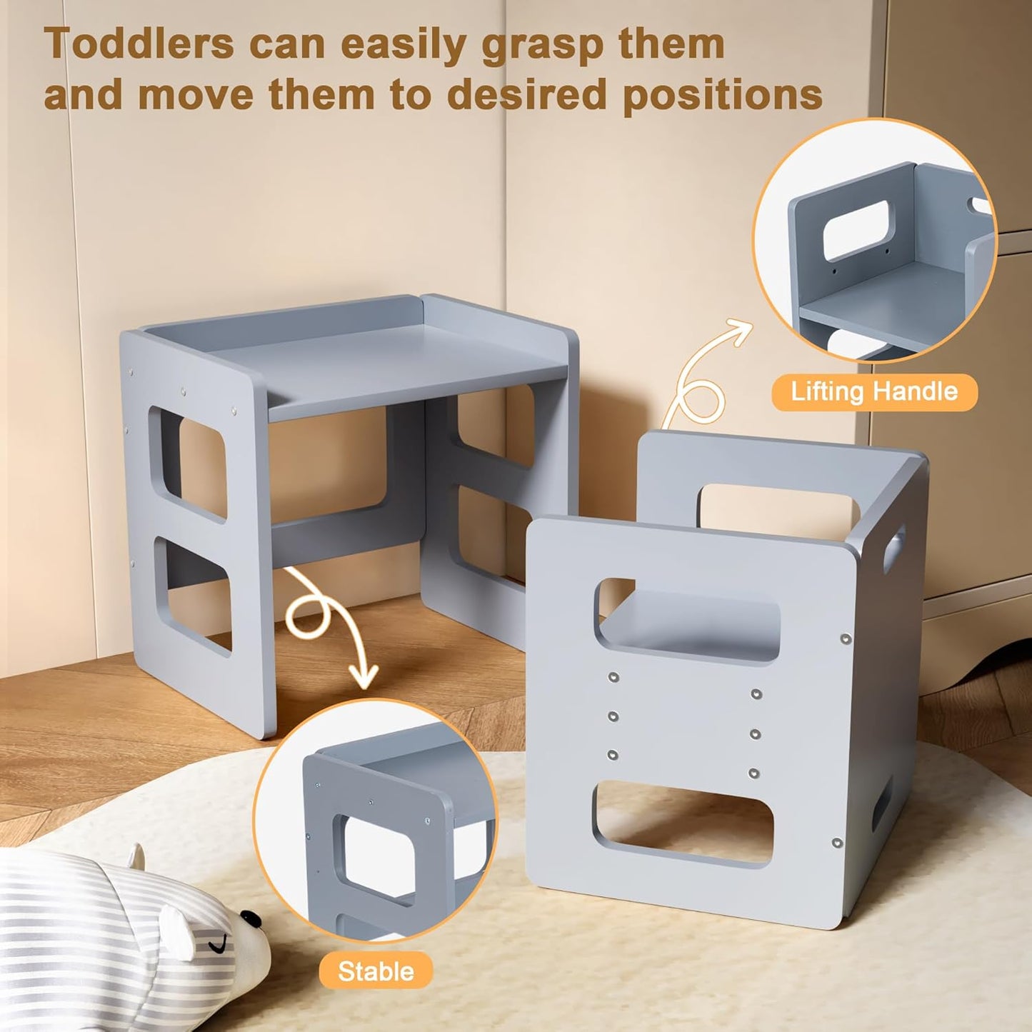 Montessori Weaning Table and Chair Set for Toddler and Baby, Kids Table and Chair Set- Solid Wood Toddler Furniture with Adjustable Height, Step Stool, for 1-3 Year Old Kids - Grey