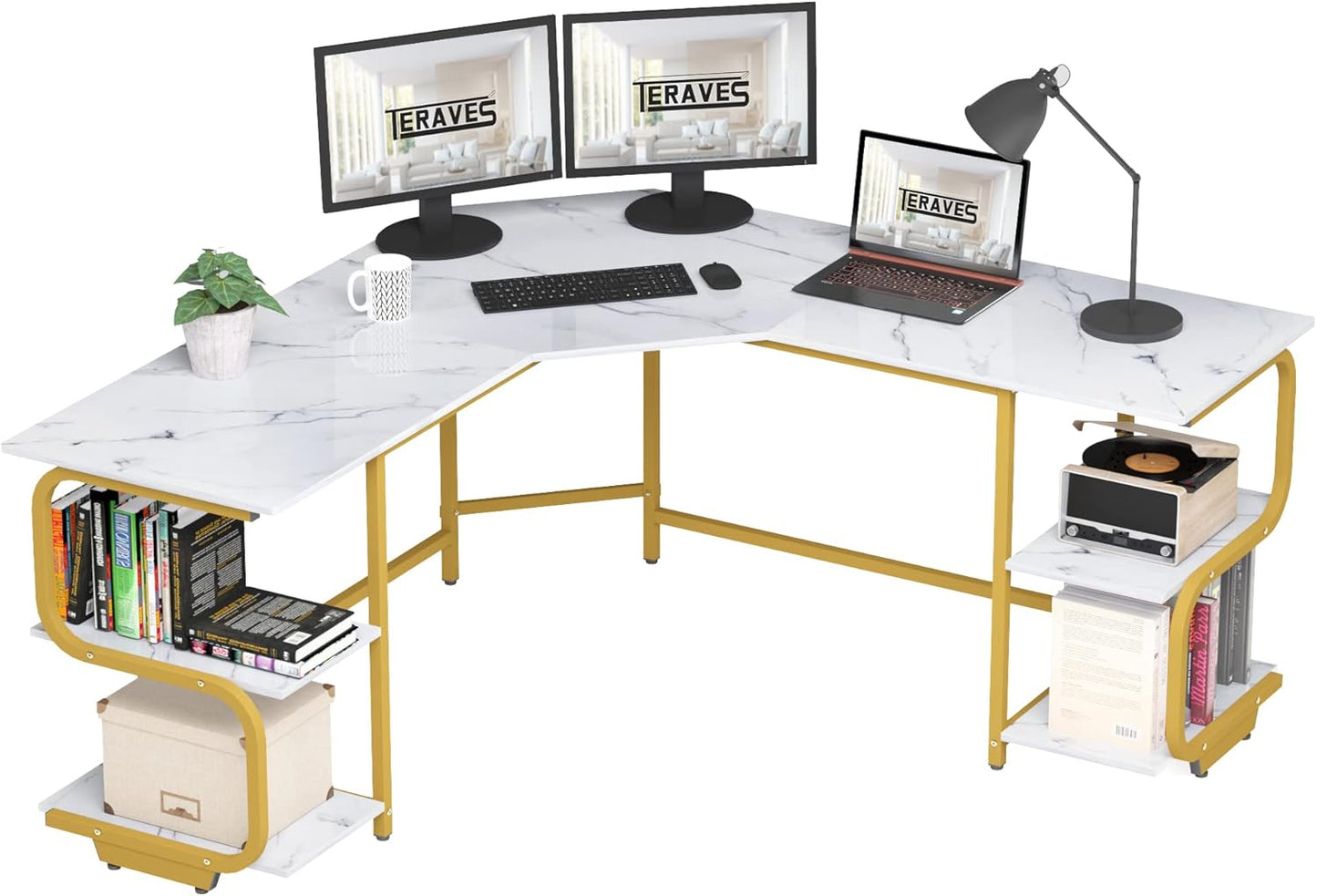 Teraves Modern L Shaped Desk with Shelves,64.84" Computer Desk/Gaming Desk for Home Office,Corner Desk with Large Desktop (White Marbling+ Gold Frame, Large+4 Tier Shelves)