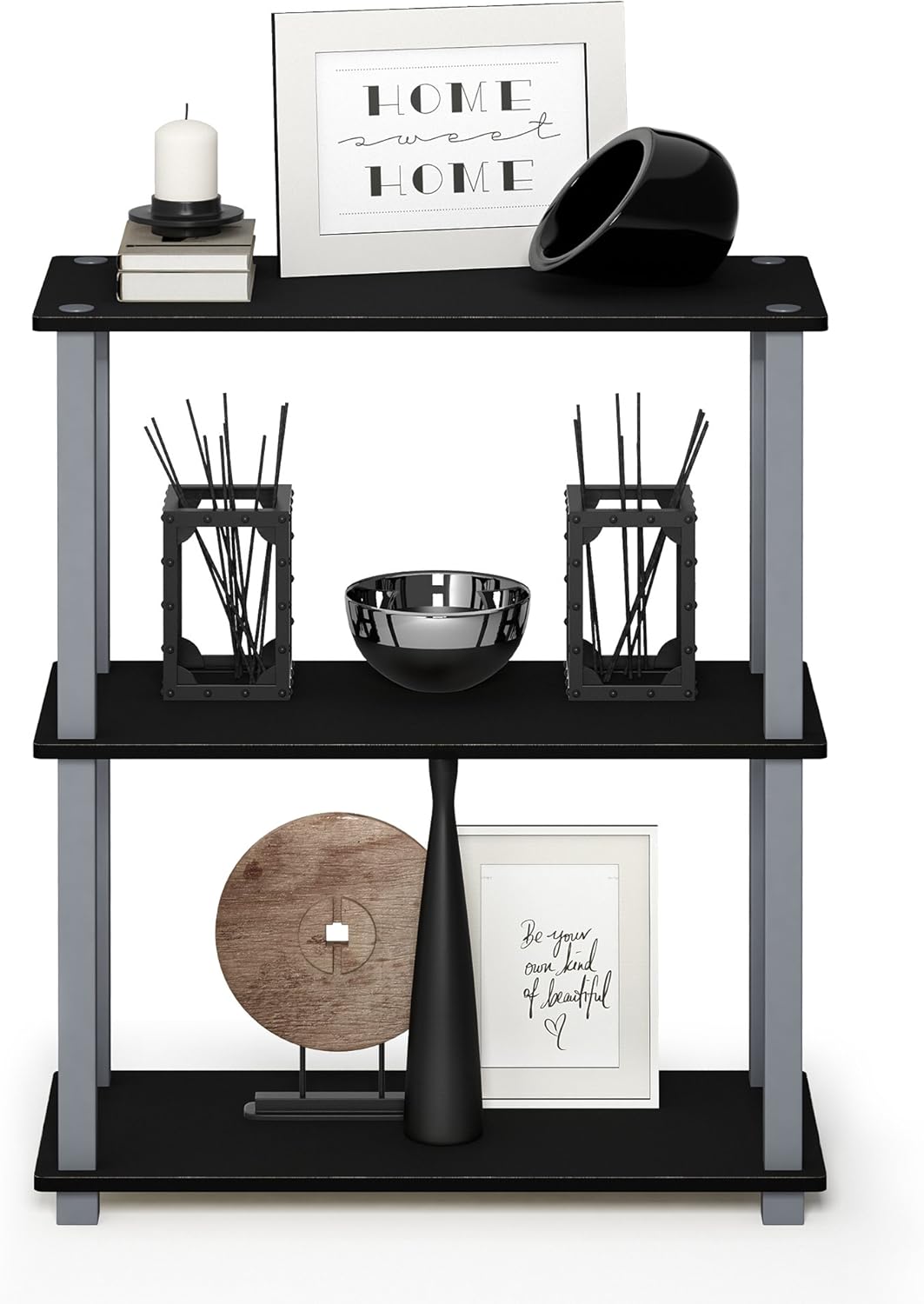 Furinno Turn-S-Tube 3-Tier Compact Multipurpose Shelf Display Rack with Square Tube, Black/Grey