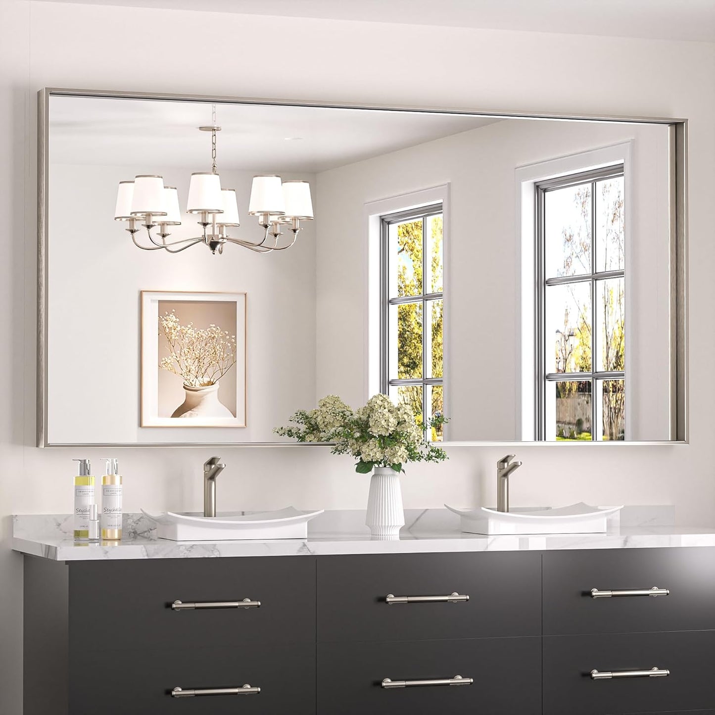 Keonjinn 72 x 36 in Brushed Nickel Mirror for Bathroom Sink, Rectangular Metal Framed Vanity Wall Mirror Square Corner Aluminum Alloy Modern Rectangle Silver Mirror for Over Sink(Horizontal/Vertical)