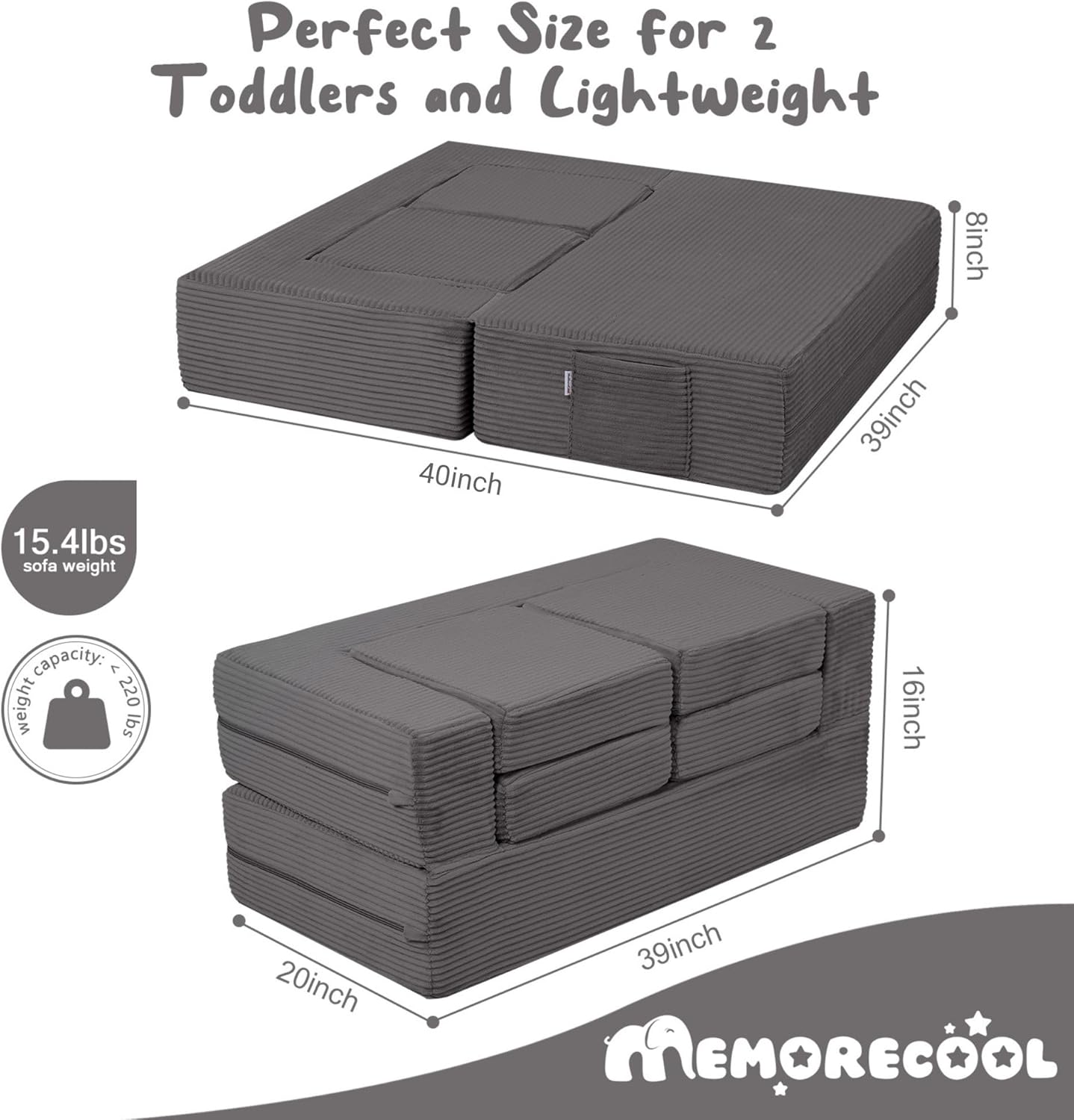 MeMoreCool Modular Kids Couch, Corduroy Play Toddler Couch for Bedroom Playroom Furniture, Convertible Foam Kids Sofa Bed, Fold Out Baby Sofa for Girl Boy, Dark Grey