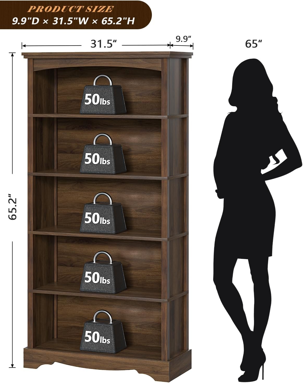 TVU 5-Tire Wood Book Shelf, 65 Inch Tall Bookshelf with Storage, Floor Standing Display Bookcase for Living Room, Office, Study Room, Entryway, Brown