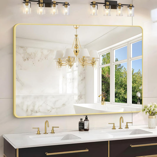 36"x48" Bathroom Mirror, Gold Rectangle Mirror, Large Rectangular Wall Mirror, Rounded Corner Vanity Mirror with Aluminum Metal Frame for Bathroom Bedroom Living Room Horizontal/Vertical