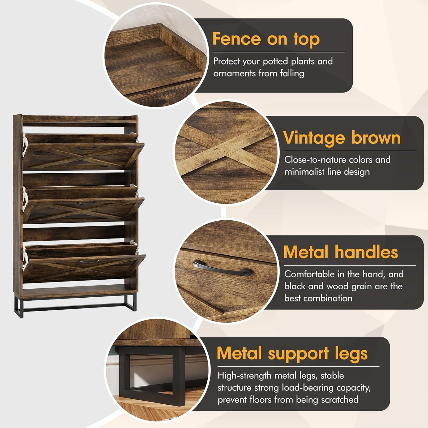 Maupvit Shoe Storage Cabinet with 3 Flip Drawers, Freestanding Organizer with Metal Legs for Entryway, Narrow Shoe Rack Cabinet, Rustic Brown