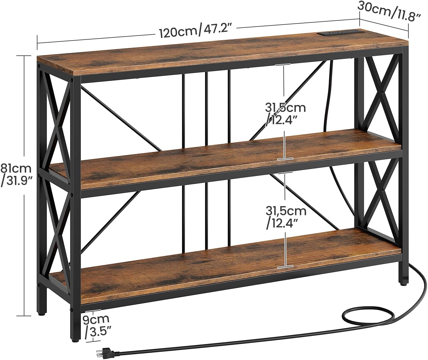 47.2" Console Table with Charging Station, 3-Tier Entryway Table, Industrial Sofa Desk, Hallway Desk with 2 AC Outlets and 2 USB Ports Metal Frame, Rustic Brown and Black TXG01UBF