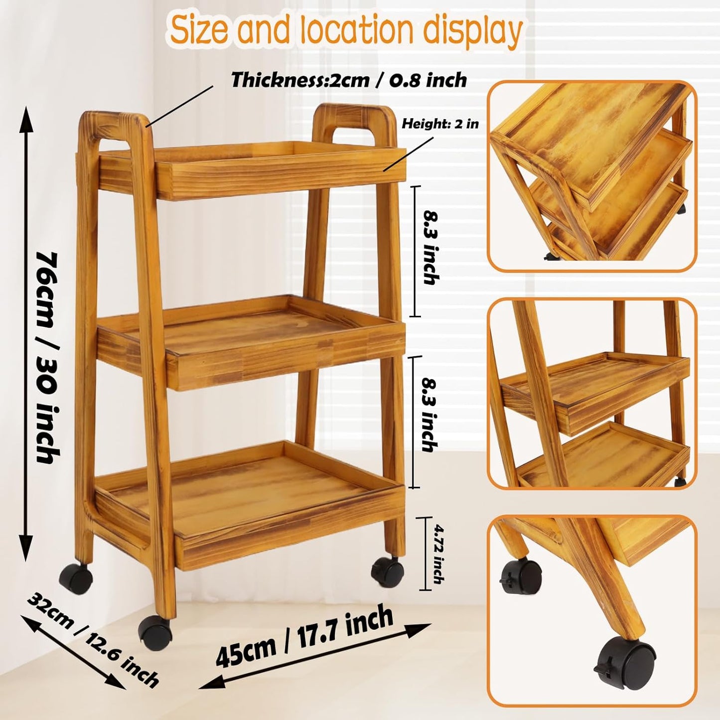 3-Tiers Ladder Shelf with Wheels, Wooden Rolling Cart,Solid Pine Wood Ladder Shelf, Side End Table for Artist,Storage Cart Organizer for Kitchen,Classroom, Living Room, Bathroom (Retro Yellow)