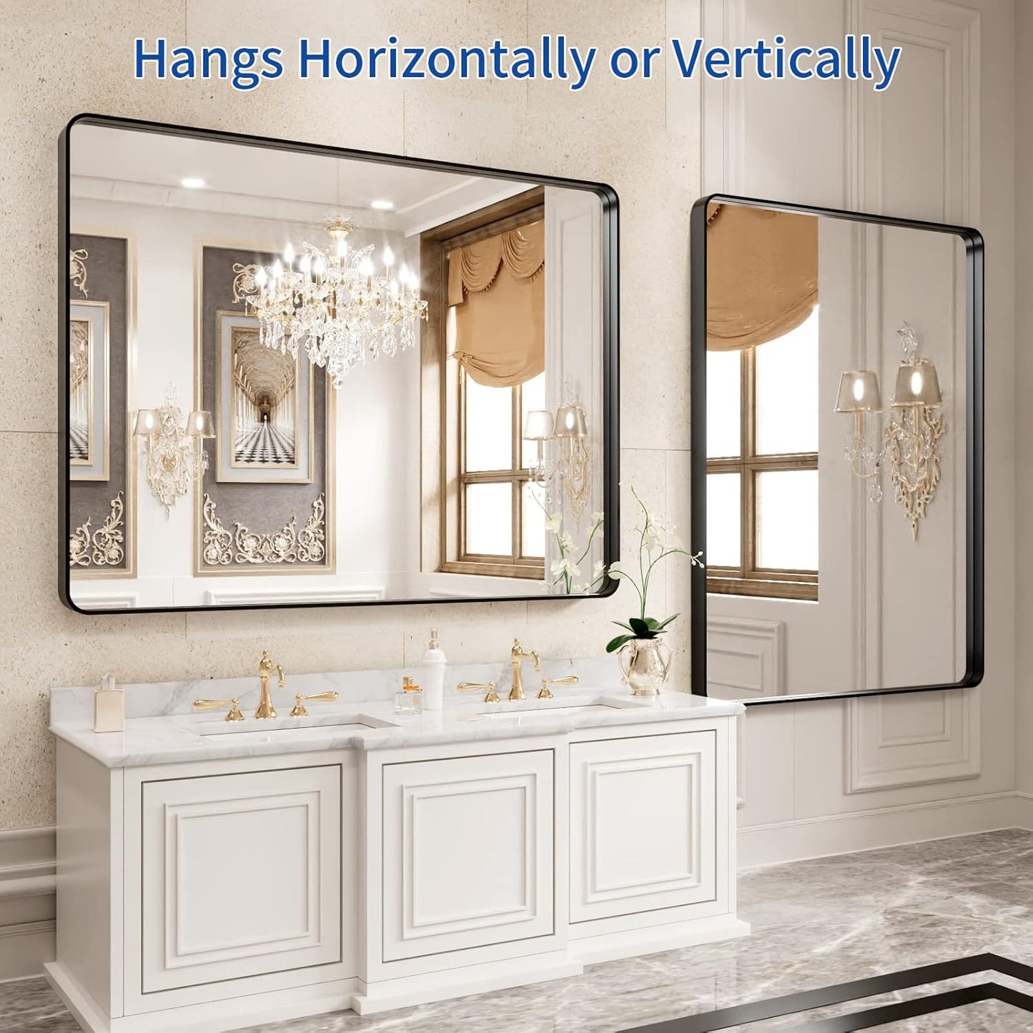 WEER Black Framed Mirror for Bathroom, 40x32 Inch Matte Black Bathroom Vanity Mirror, Rectangular Black Metal Framed Wall Mirror with Tempered Glass, Rounded Corner, Anti-Rust (Horizontal/Vertical)