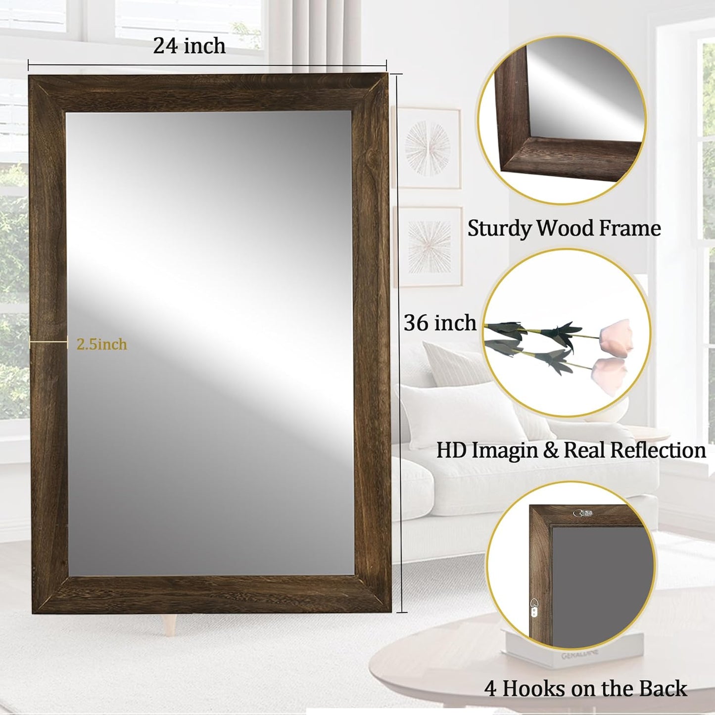 CULER Rustic Wood Wall Mirror for Bathroom,Rectangle 24 x 36 inch Hanging vatiny Mirrors with Wooden Frame for Living Room,Bedroom,Entryway (24x36 inch, Vintage Light Brown)
