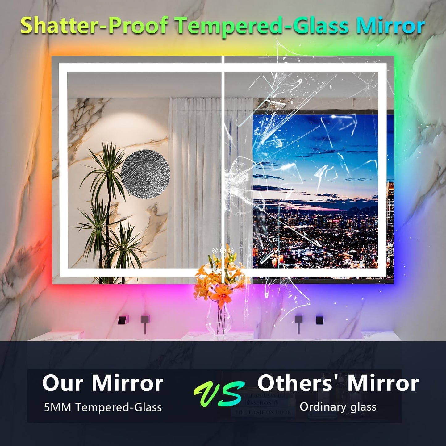 60x40 Inch RGB LED Bathroom Mirror Front Light and RGB Backlit Lighted Vanity Mirror for Bathroom Wall Mounted Dimmable Anti Fog Memory Shatter-Proof IP54 Waterproof Horizontal/Vertical