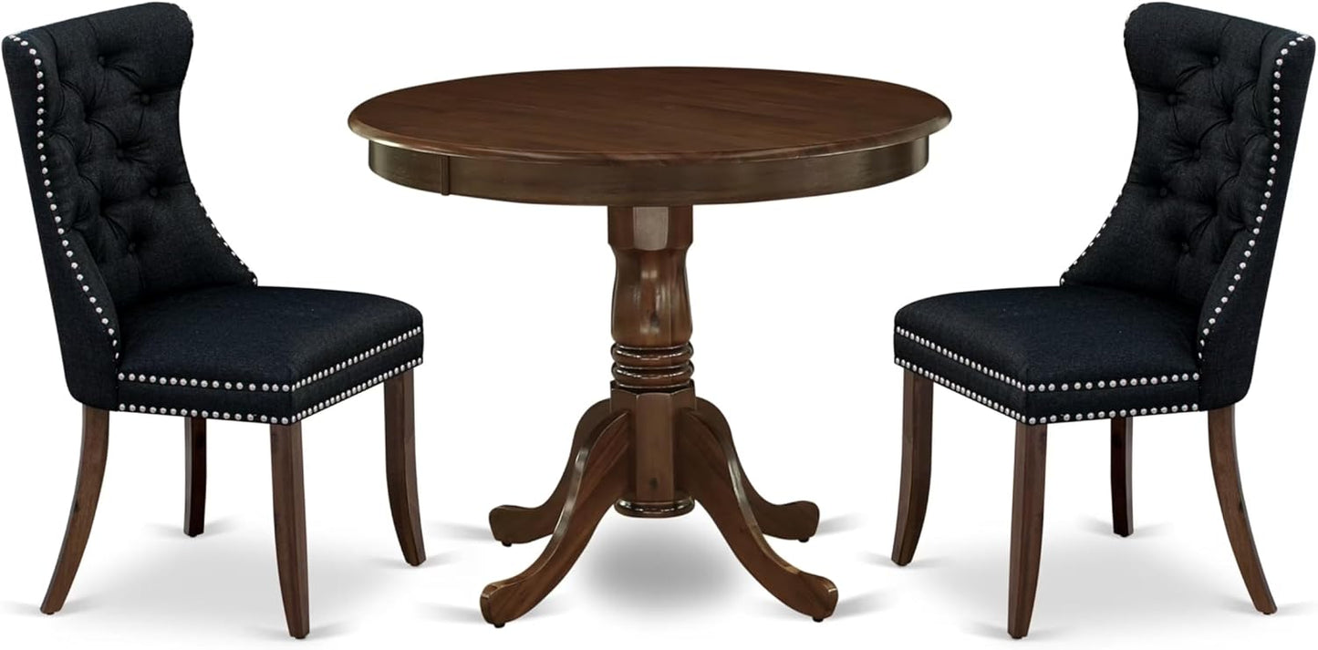 East West Furniture ANDA3-AWA-24 3 Piece Kitchen Table & Chairs Set Contains a Round Dining Table with Pedestal and 2 Polyester Fabric Padded Chairs, 36x36 Inch, Antique Walnut