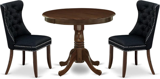 East West Furniture ANDA3-AWA-24 3 Piece Kitchen Table & Chairs Set Contains a Round Dining Table with Pedestal and 2 Polyester Fabric Padded Chairs, 36x36 Inch, Antique Walnut