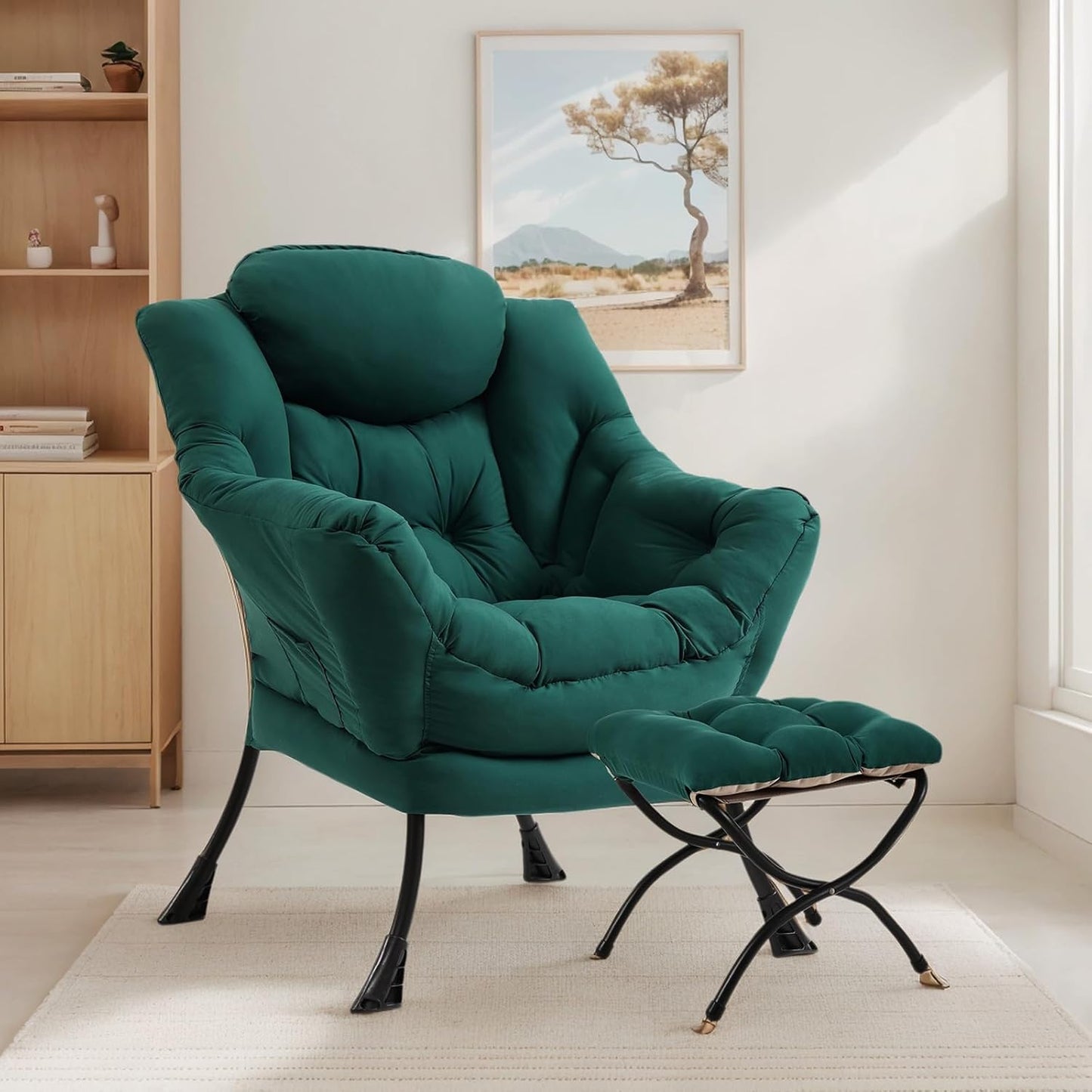 Lazy Chair with Ottoman, Large Modern Lounge Accent Chair with Armrests and Footrest, Reading Armchair with Ottoman, Leisure Sofa Chair for Living Room, Bedroom, Dorm Room(Dark Green
