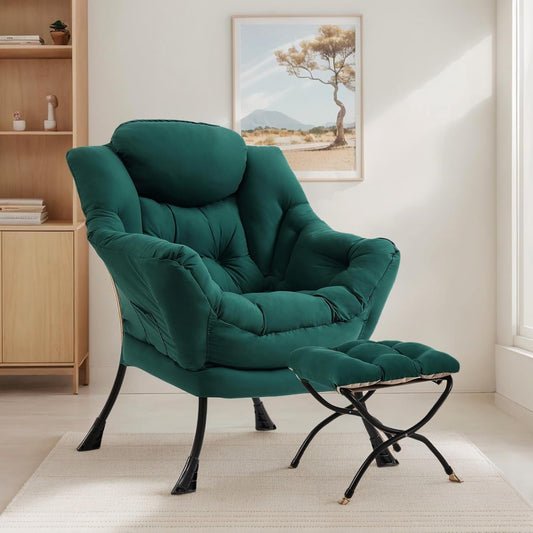 Lazy Chair with Ottoman, Large Modern Lounge Accent Chair with Armrests and Footrest, Reading Armchair with Ottoman, Leisure Sofa Chair for Living Room, Bedroom, Dorm Room(Dark Green