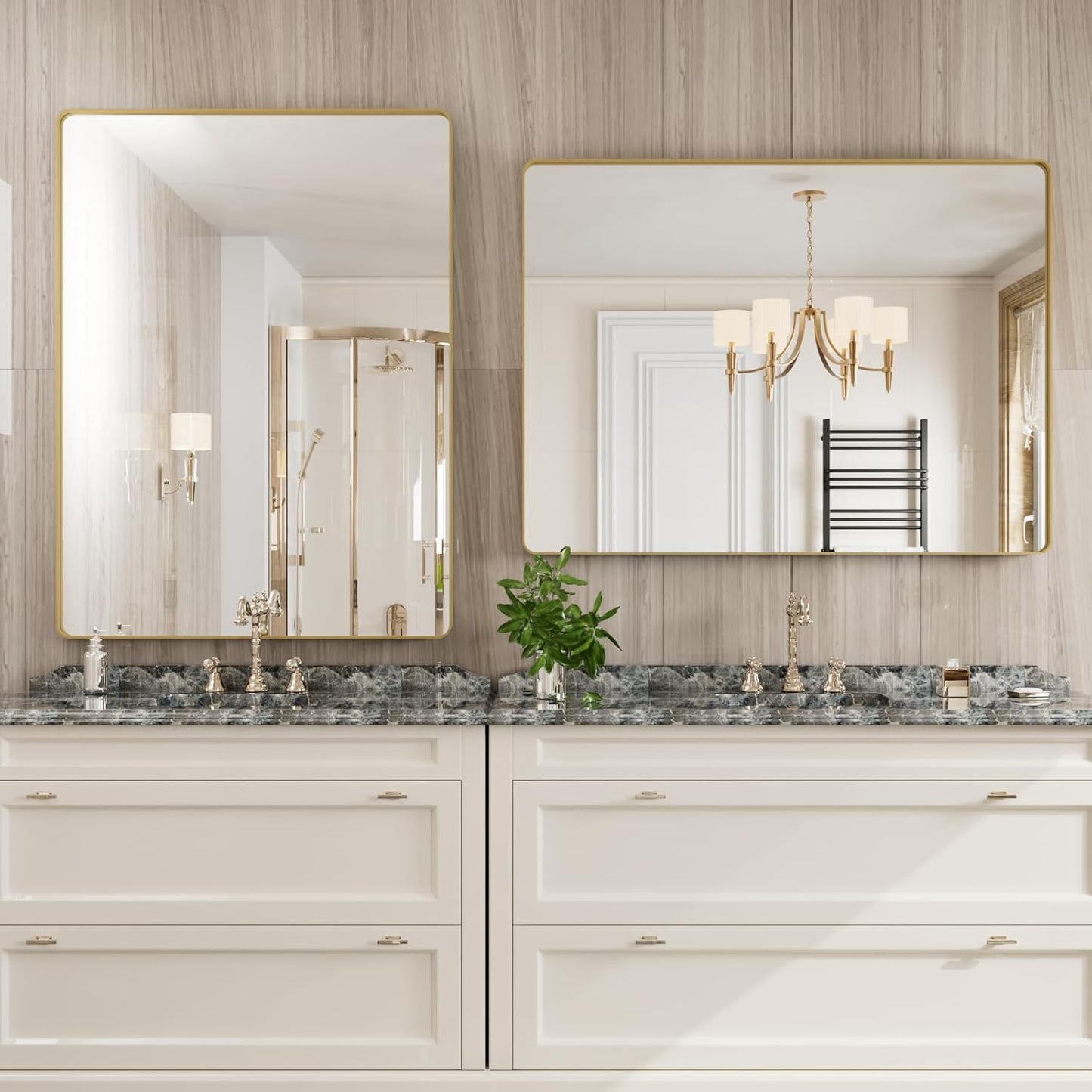 Gold Bathroom Mirror, 48x36 Inch Brushed Gold Metal Frame Mirror for Wall, Rounded Rectangle Bathroom Vanity Mirror, Tempered Glass, Anti-Rust, Horizontal/Vertical