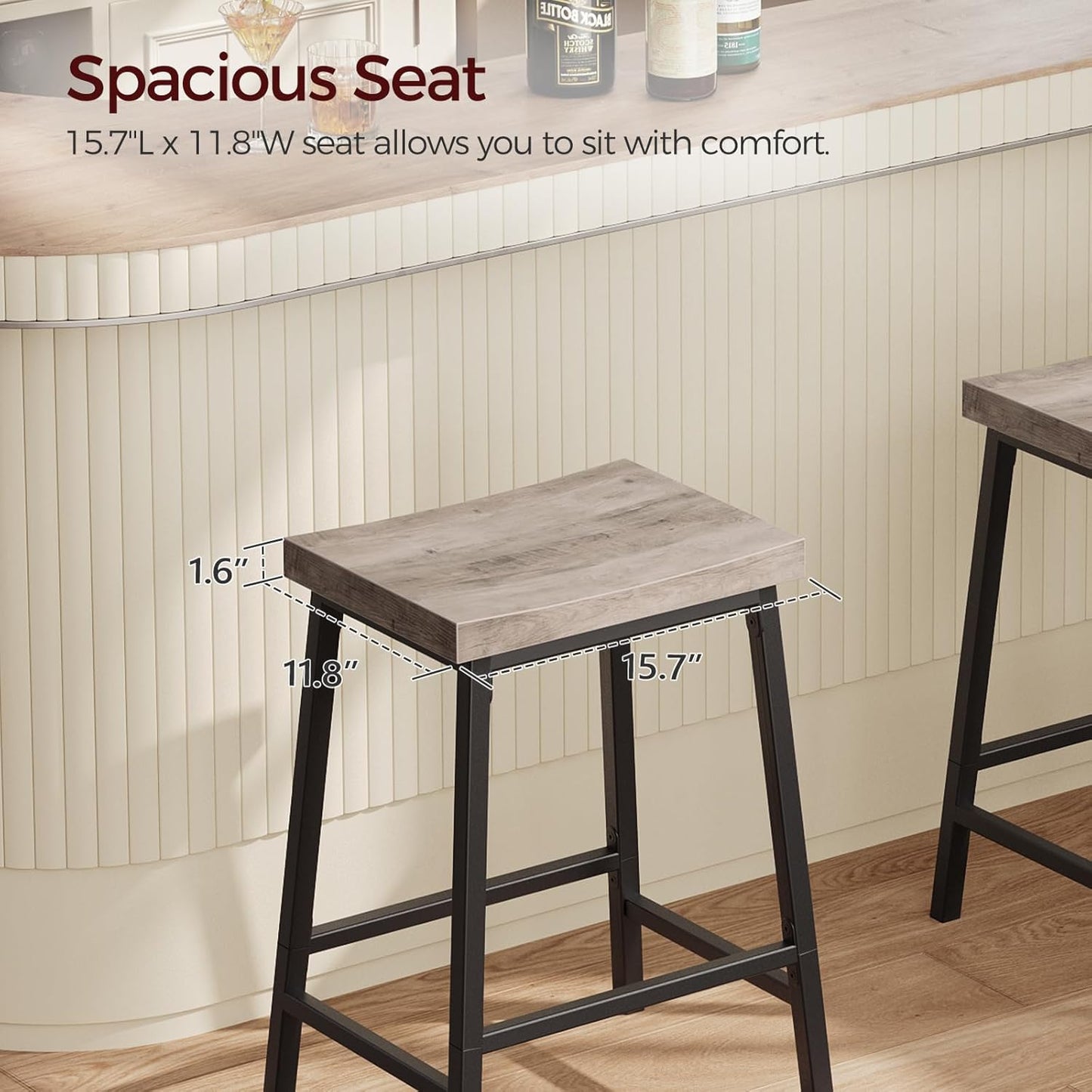 Bar Stools, Counter Height Bar Stools Set of 2, 23.7 Inch Saddle Stools with Footrest, Kitchen Stools, Industrial Style, for Dining Room, Counter, Bar, Greige BAHG0801