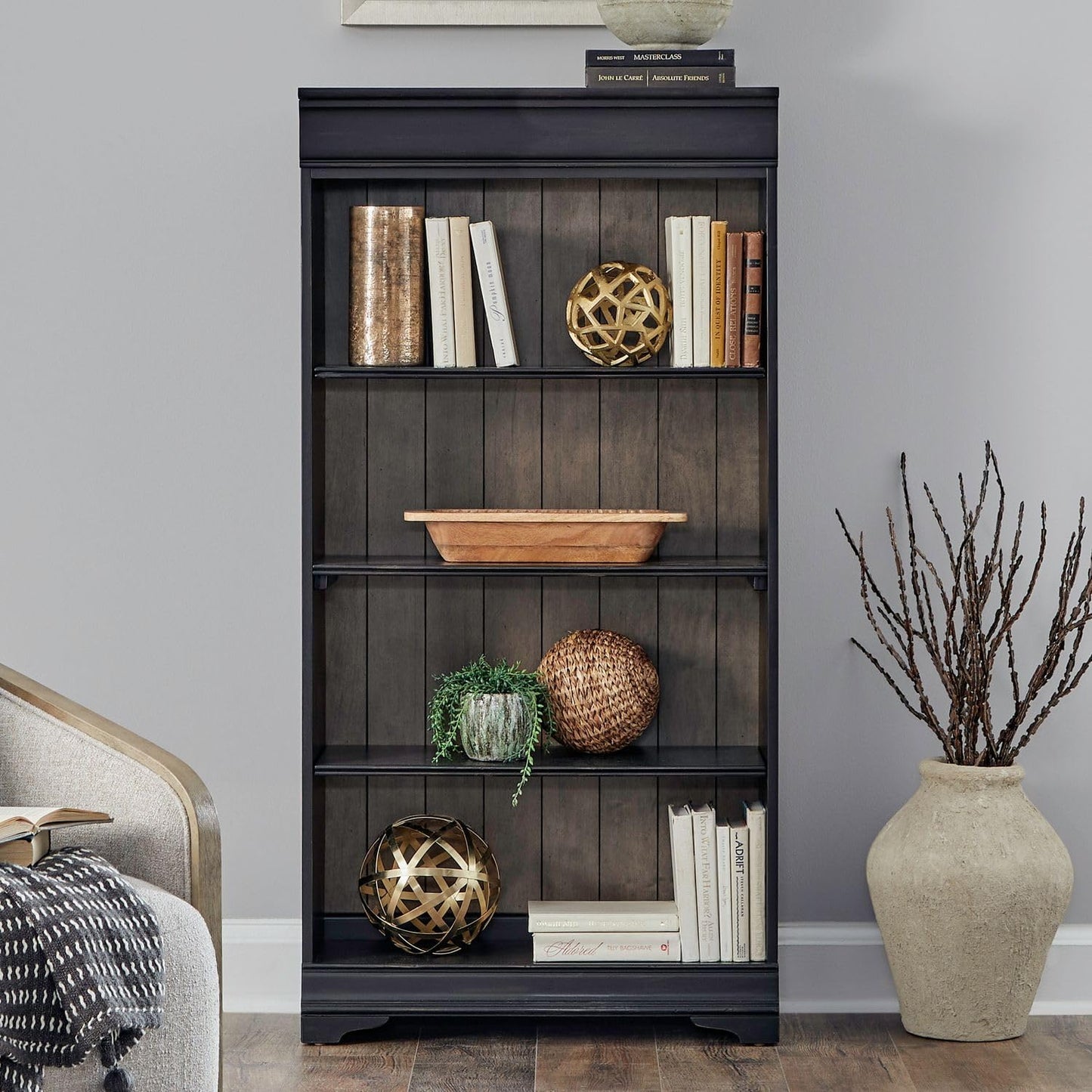 Liberty Furniture Meritage Stepped Bookcase Wall - 4 Piece Set for Home Office - Aged Charcoal w/Rub Thru & Caramel