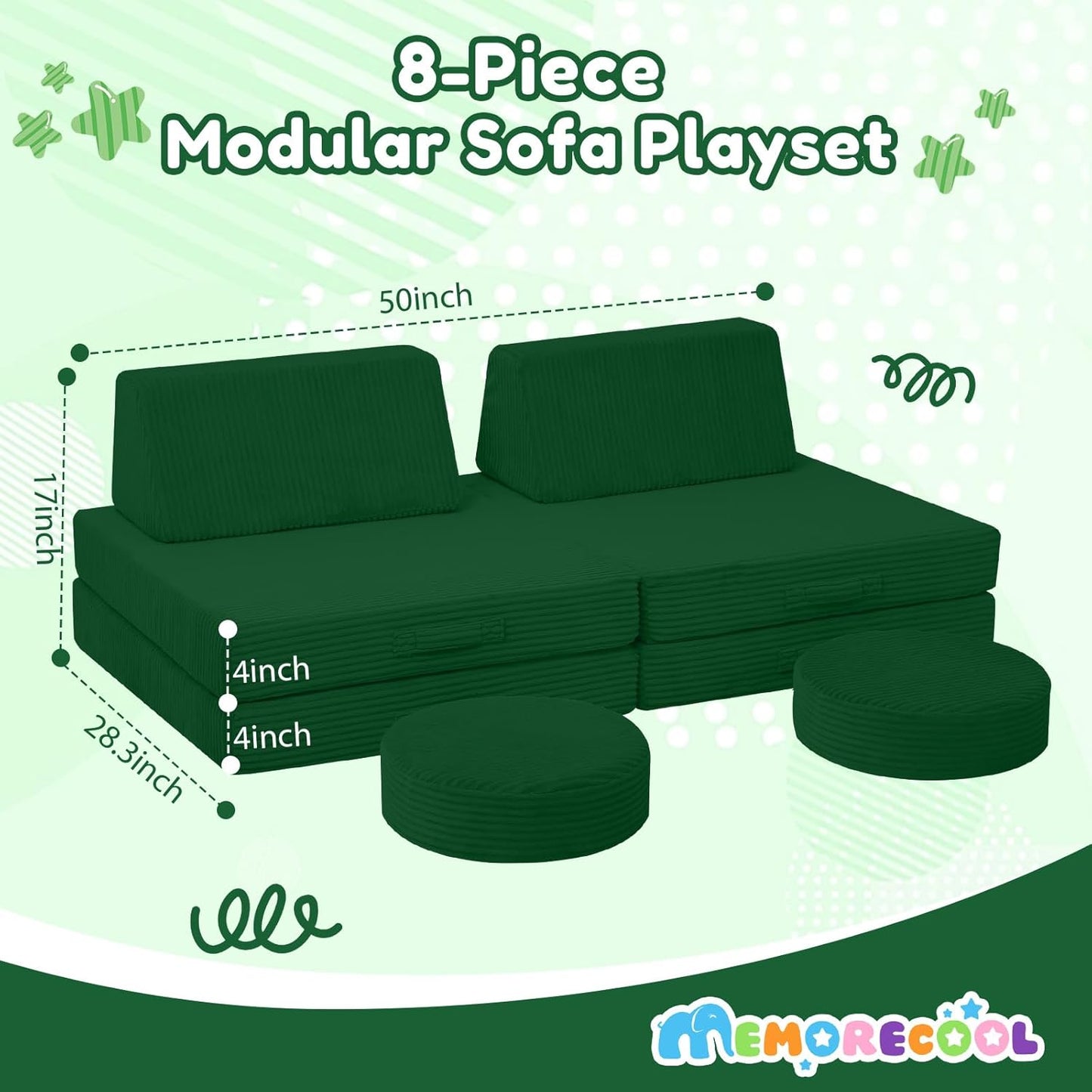 MeMoreCool Kids Couch for Playroom, Corduroy Convertible Toddler Couch, 8 Piece Modular Play Sofa, Foam Fort Building Set for Child Room Furniture, Green