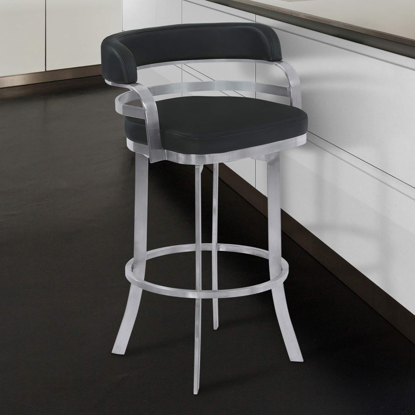 Armen Living Prinz 26" Counter Height Swivel Barstool in Black Faux Leather and Brushed Stainless Steel Finish