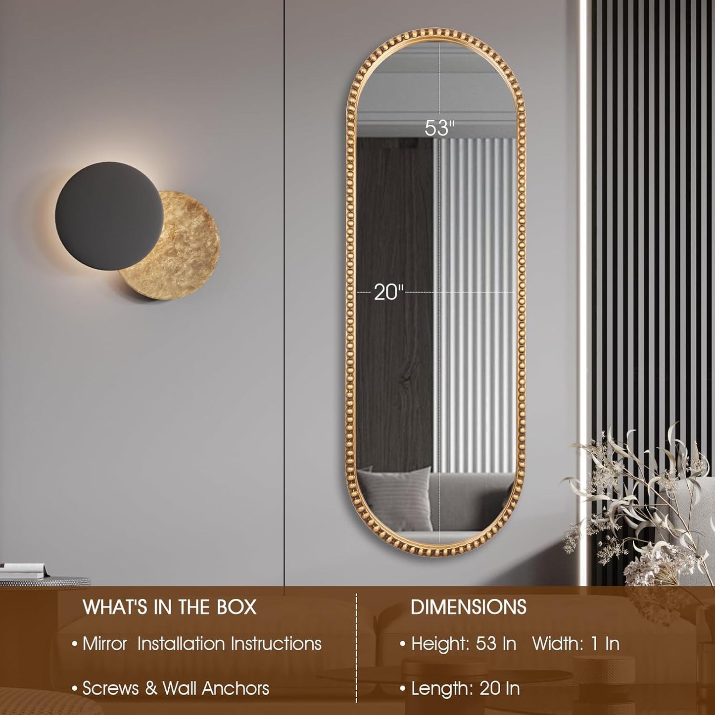 Oval Full Length Mirror, 20"x53" Metal Beaded Frame Large Hanging Dressing Floor Mirror for Bedroom, Living Room, Entryway, Antique Gold (No Stand)