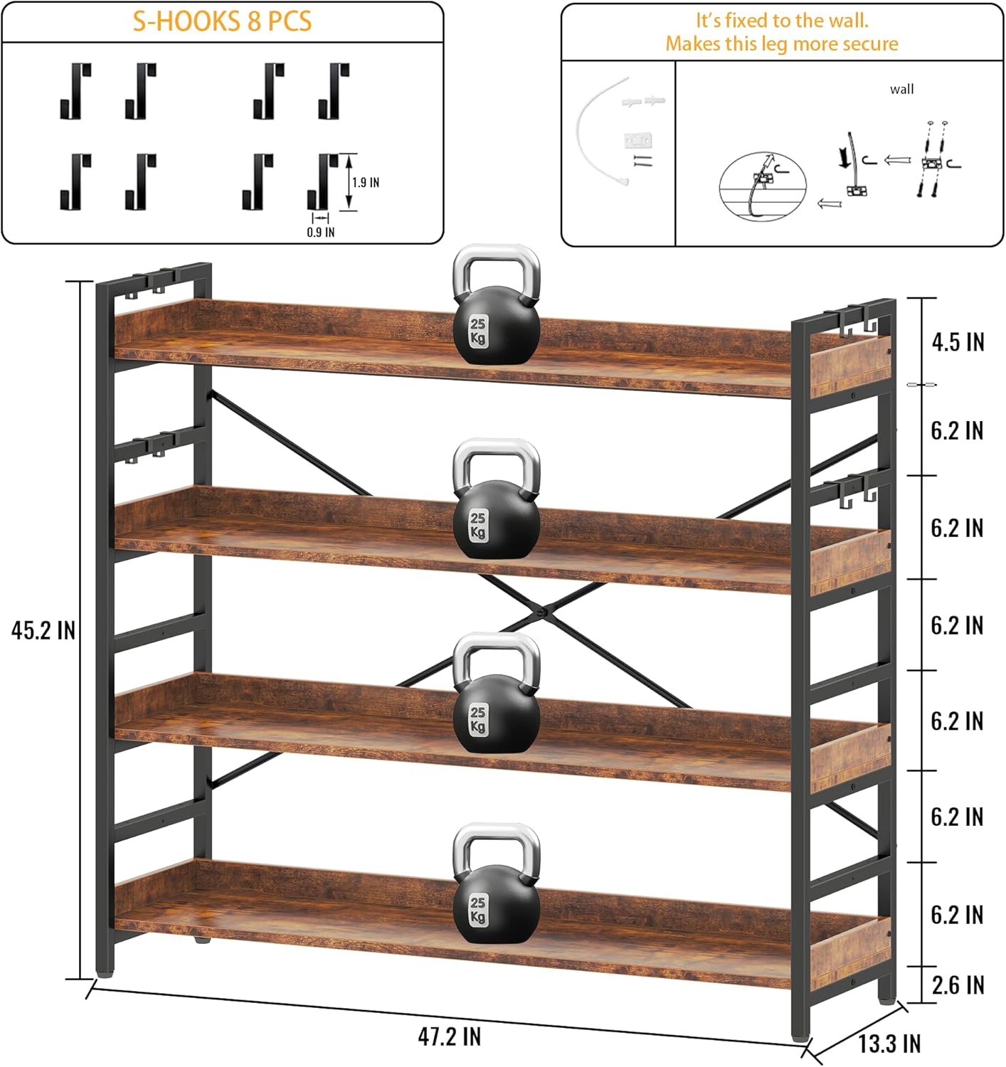 HCHQHS 4 Tier Bookshelf, Adjustable Industrial Bookcase, Vertical Tall Book Shelf, Wood and Black Metal Open Bookshelves for Home Office, Living Room, Bedroom