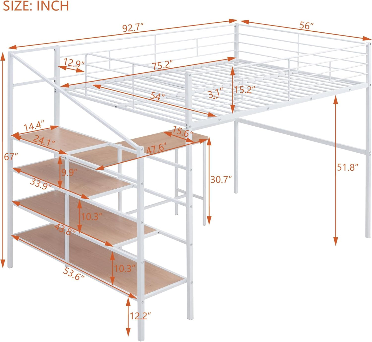 Full Size Metal Loft Bed with Desk and Lateral Storage Ladder,Modern Style Heavy-Duty Metal Frame for Kids Teens Adults Bedroom, Dorm,White