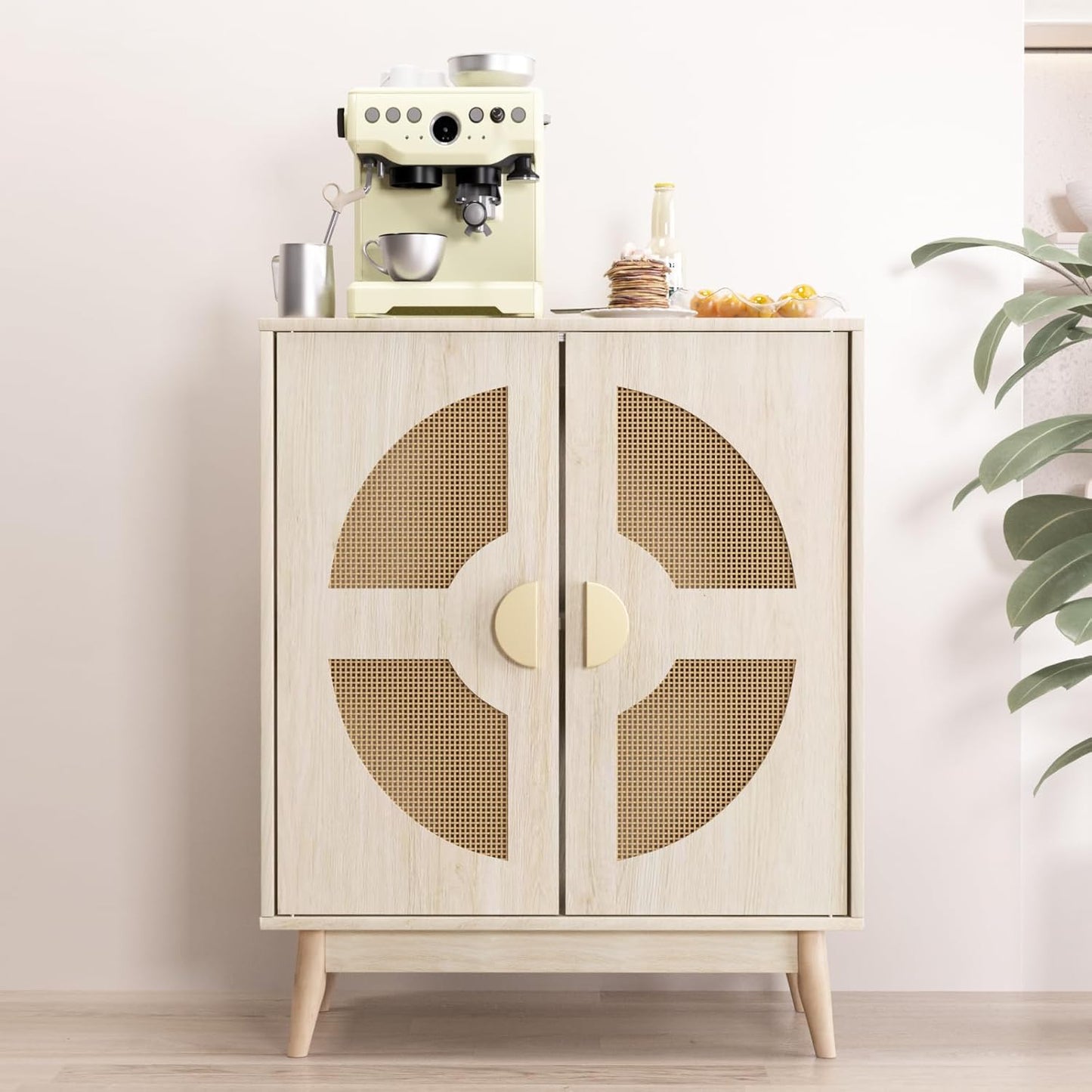 Buffet Cabinet with Storage Sideboard Accent Modern Credenza with Doors & Shelves 32.9" Rattan Media Console Mid Century Coffee Bar Table for Living Room Kitchen Dining Room Hallway