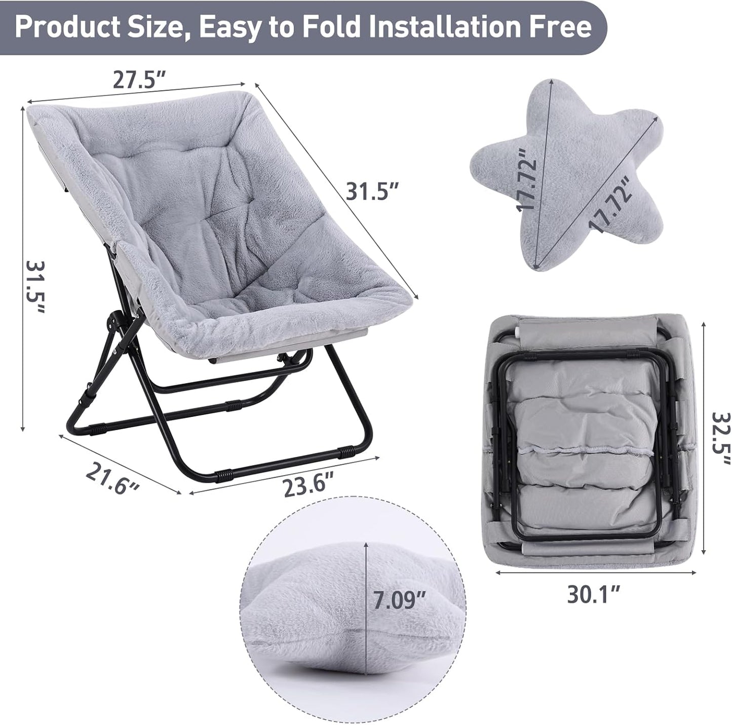 Welnow Comfy Saucer Chair, Oversized Folding Reading Chair for Adults with Throw Pillow Soft Faux Fur Lounge Chair for Bedroom Furry Accent Chair for Living Room, Dorm Rooms, Grey