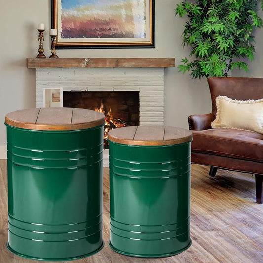 Glitzhome Farmhouse Accent Side Table, Metal Storage Stool Ottoman with Round Lid - Galvanized Coffee Cocktail End Tables Set of 2 for Living Room Bedroom, Hunter Green