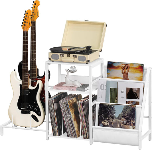 LELELINKY Record Player Table,Adjustable Guitar Stand for Acoustic Guitar, Electric Guitar, Bass, White Turntable Holder with Vinyl Storage Up to 150 Albums, Side Table with Magazine Periodical Rack