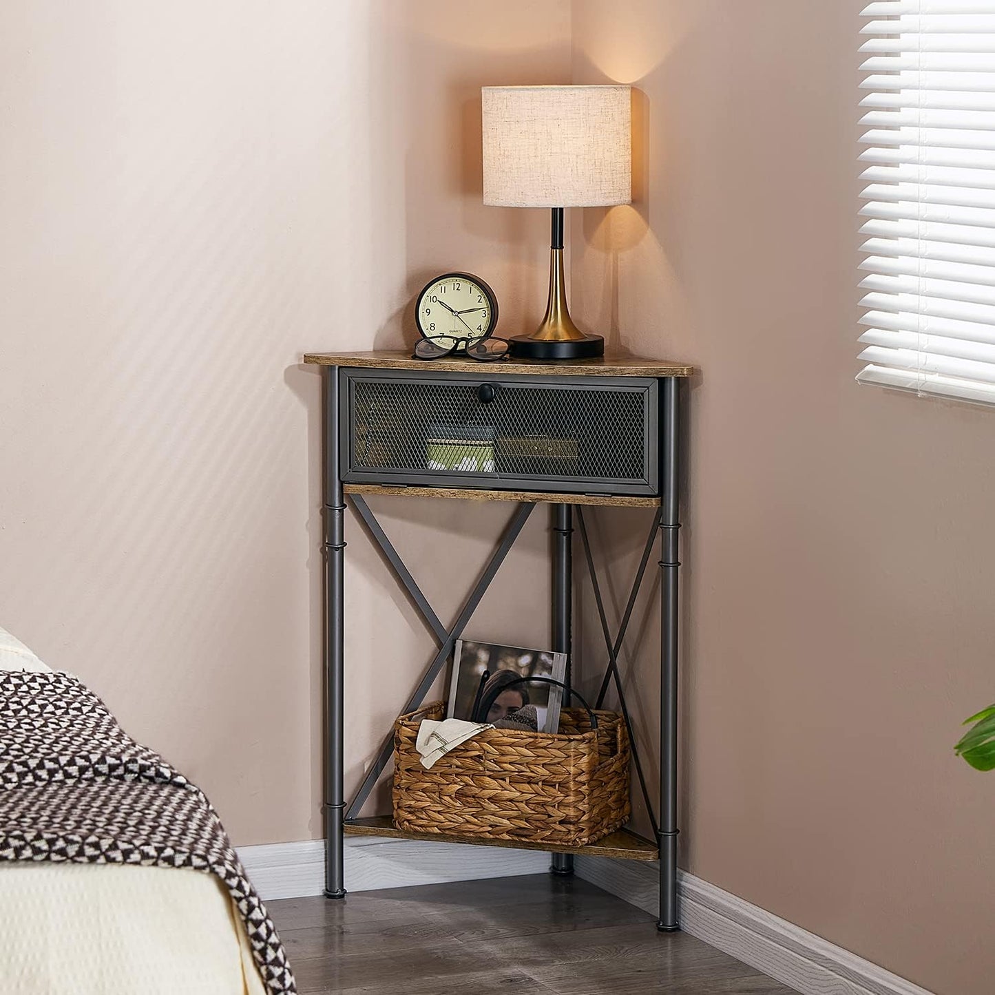 VECELO Cabinet/Table, 3-Tier Display Shelves with Protection Door, Metal Frame Storage Shelf Organizer for Small Space, Living Room, Kitchen, Bathroom, Set of 1, Grey+Black