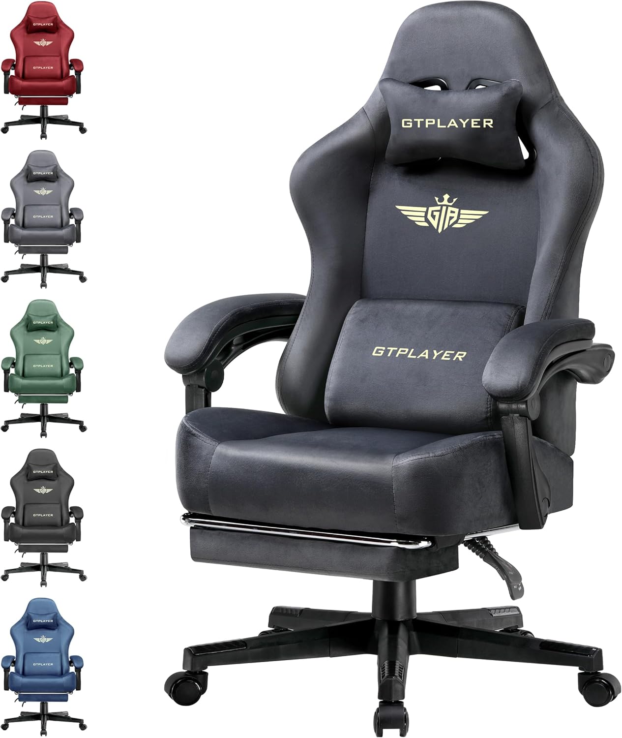 GTPLAYER Gaming Chair Fabric with Pocket Spring Cushion, Big and Tall Gamings Chairs 350LBS High Back Computer Chair with Footrest for Adults Lumbar Support Swivel Game Chair for Office Light Gray