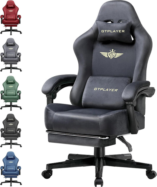 GTPLAYER Gaming Chair Fabric with Pocket Spring Cushion, Big and Tall Gamings Chairs 350LBS High Back Computer Chair with Footrest for Adults Lumbar Support Swivel Game Chair for Office Light Gray