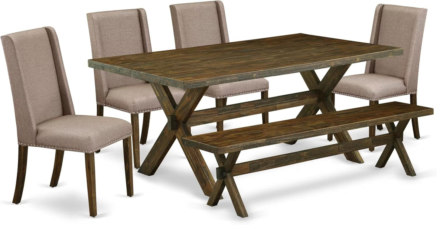 East West Furniture X777FL716-6 6 Piece Dining Table Set Contains a Rectangle Table with X-Legs and 4 Dark Khaki Linen Fabric Upholstered Chairs with a Bench, 40x72 Inch, Multi-Color