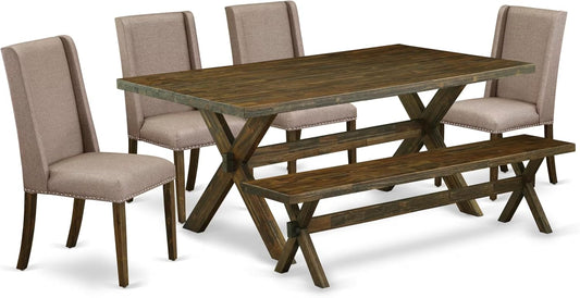 East West Furniture X777FL716-6 6 Piece Dining Table Set Contains a Rectangle Table with X-Legs and 4 Dark Khaki Linen Fabric Upholstered Chairs with a Bench, 40x72 Inch, Multi-Color