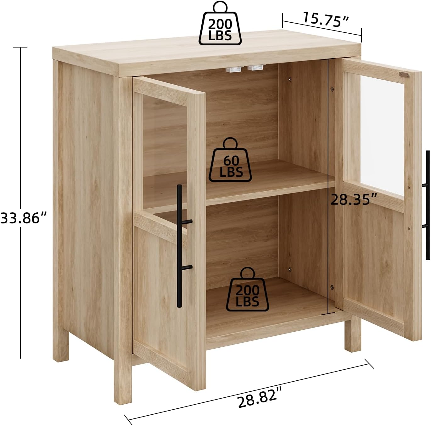 GarveeHome Sideboard Buffet Cabinet with 2 Glass Doors, 29" Buffet Table Coffee Bar Wine Bar Display Cabinet for Kitchen Dining Room, Living Room (Natrual, Glass with 2 Doors)
