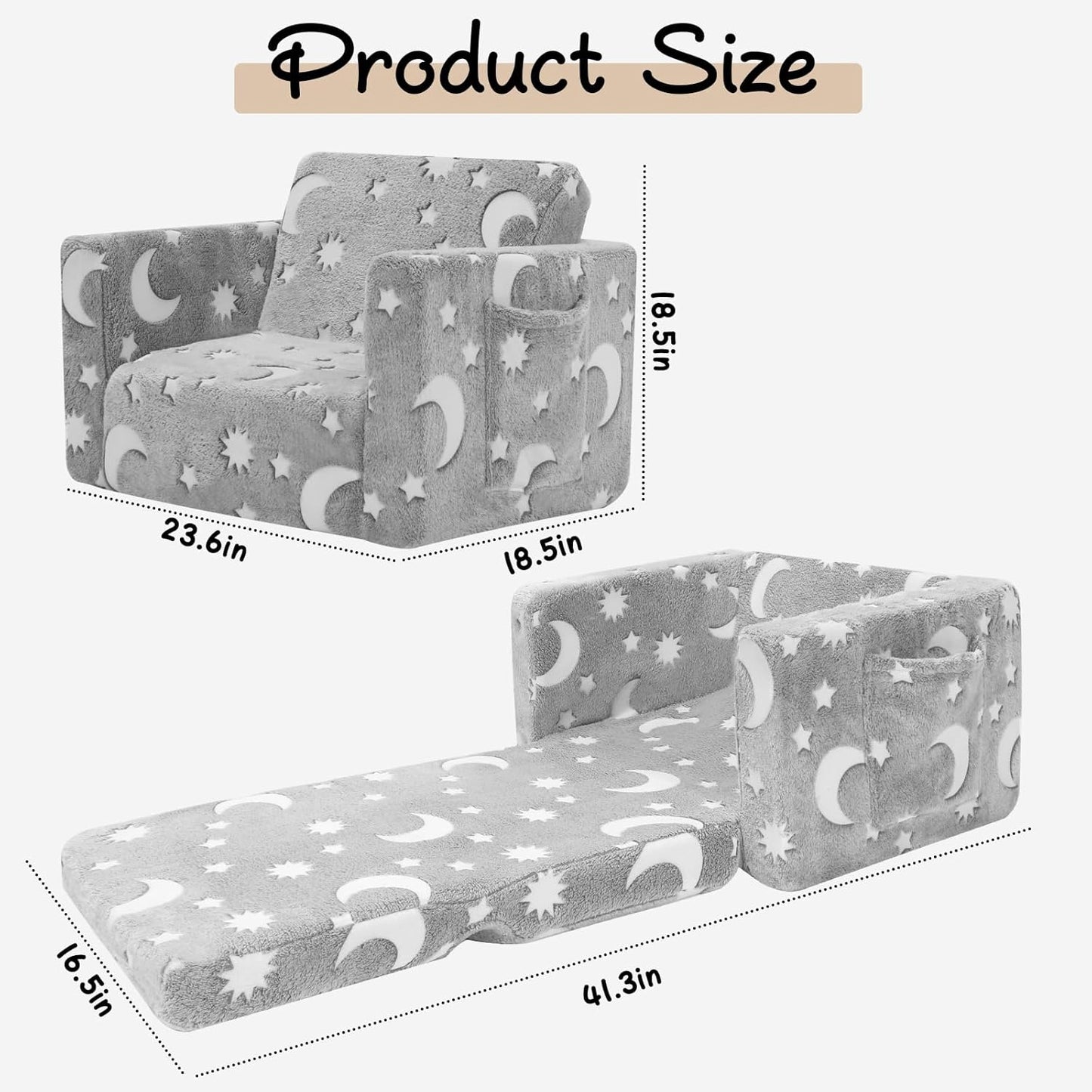 SLIGUY Toddler Couch, Toddler Chair. Kids Couch, Baby Couch, Couch for Kids, Toddler Convertible to Lounger Pull Out Couch, Glow in The Dark Sofa Chair for Boys Medium