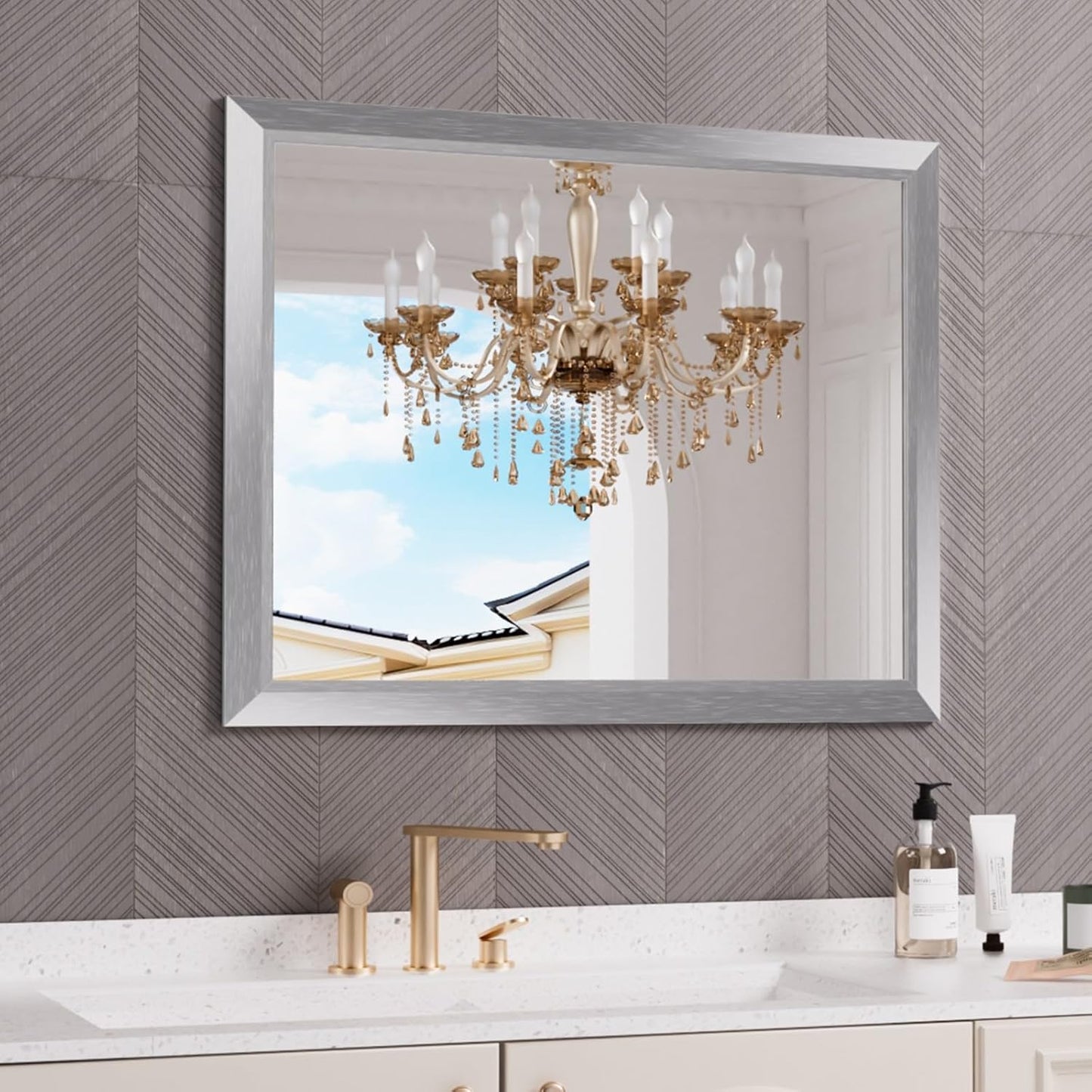 Amorho 40x32 Inch Bathroom Mirror Silver, Thick Metal Framed Wall Mirrors for Over Sink, Brushed Nickel Mirror Perfect for Bedroom, Living Room, Entryway, Rectangle (Horizontal/Vertical).